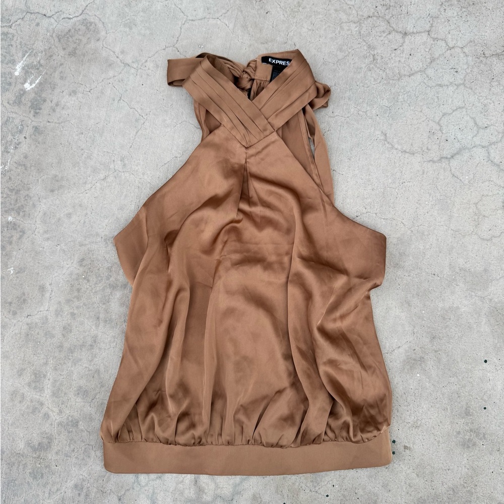 Express Brown Satin Cross Halter Neck Tie Top